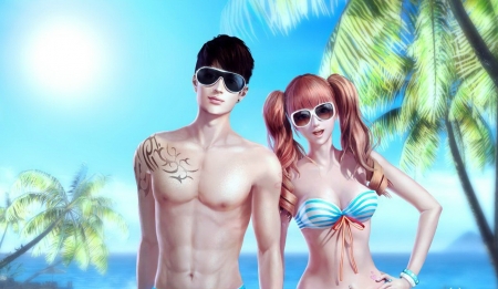 Beach Couple - beach, 3d, girl, guy