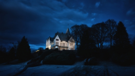 mansion on the hill hdr - hill, trees, mansion, hdr, night