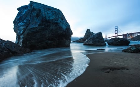 marshall beach on san francisco bay - rocks, beach, bay, bridge, fog