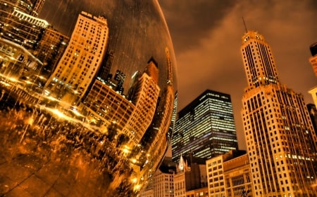 mercury melting hdr - sculpture, reflection, city, night, hdr