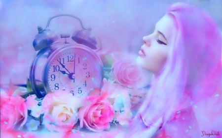 Beauty - roses, woman, clock, art