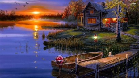 Autumn Sunset At The Lakes - water, blue, HD, boats, sunset, nature, autumn, dusk, lakes, log cabin