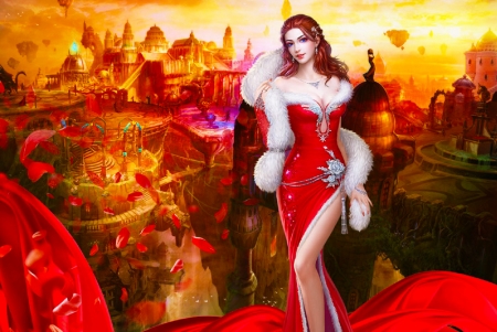 Velvet Beauty - woman, female, girl, gown, fantasy, art, pretty, red, beautiful, digital, dress