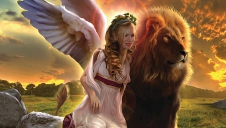 Angel and Lion - pretty, female, beautiful, girl, angel, fantasy, digital, woman, lion, art