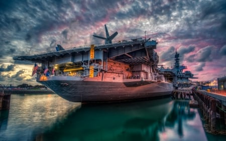 midway aircraft carrier museum in san diego hdr - museum, carrier, vintage, military, harbor, hdr