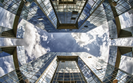 mirrored skyscrapers - skyscrapers, low angle, mirrors, sky