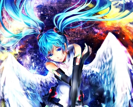 Hatsune Miku - hatsune miku, angel, girl, wings, white, purple, luluseason, blue, orange, anime, feather, manga