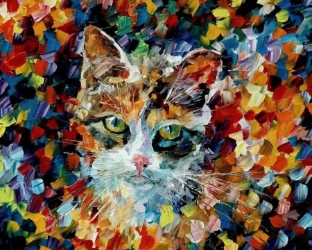 Cat - red, animal, cat, blue, art, pictura, leaf, orange, painting, autumn