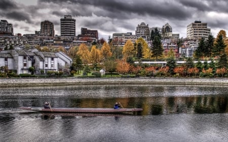 morning row hdr - river, city, rowing, kayak, hdr