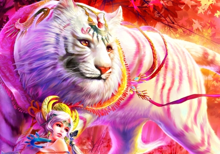 The White Tiger - beauty, four symbols, girl, fantasy, shawli2007, white, art, purple, game, yellow, pink, animal, tiger