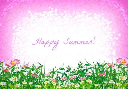 Happy Summer! - summer, flower, pink, by cehenot, grass, white, card, bokeh, green