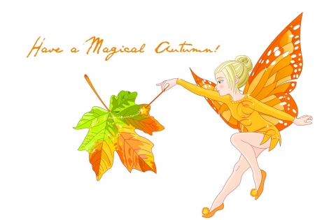 Have a Magical Autumn! - autumn, magical, wings, leaf, white, butterfly, orange, green, card, by cehenot, fairy