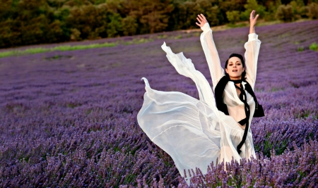 Marion Cotillard - woman, actress, girl, marion cotillard, summer, field, white, purple, pink, lavender, flower