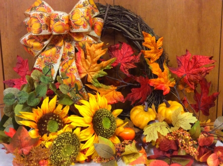 Autumn Still Life - sunflowers, Autumn, pumpkins, Fall, gourds, still life, leaves, flowers, wreath, ribbon, bow