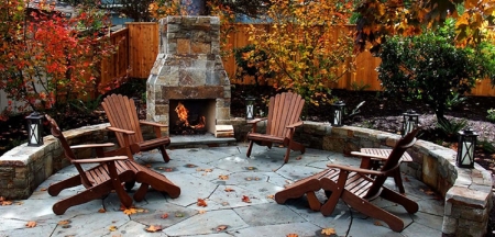 Autumn patio - fireplace, patio, autumn, fall leaves