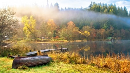 Autumn Lake - lake, forest, clouds, boat, nature, autumn