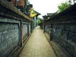 narrow city alley in focus