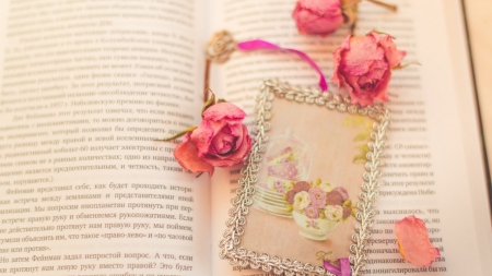 Memories - rose petals, flowers, book, rosas