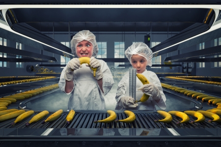 Bent Banana Inc - yellow, creative, copil, child, fruit, hat, fetite, girl, john wilhelm, bent banana inc, fantasy, grey, white, funny, sister, situation, little, couple