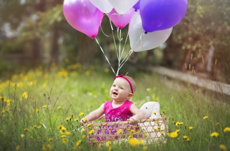 Up! - summer, child, purple, copil, pink, cute, baby, sweet, girl, fetita, white, toy, teddy bear, balloon, green