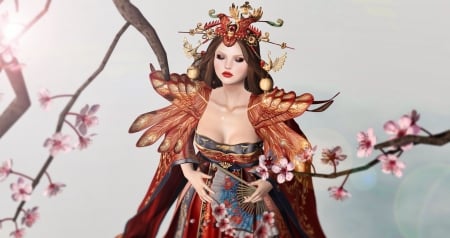 Sunshine - red, rendering, nana minuet, fan, spring, blossom, game, girl, fantasy, princess, asian, woman, sunshine