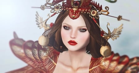 Princess - face, red, rendering, nana minuet, girl, fantasy, golden, princess, asian, woman, sunshine