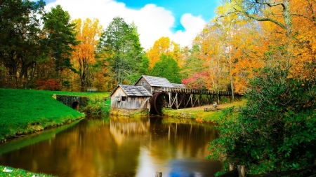 Landscape with a windmill - house, lake, trees, autumn