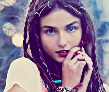 Andreea Diaconu - romanian, purple, blue, woman, model, girl, face, Andreea Diaconu