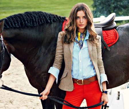 Andreea Diaconu - romanian, animal, woman, red, model, girl, Andreea Diaconu, horse