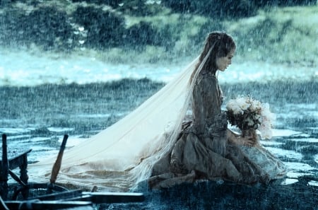 Waiting in the rain - bride, sad, woman, rain