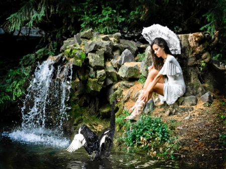 Born Free - women, beauty, swan, parasol, lake, trees, water, waterfall, rocks