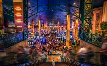 new york new york casino in vegas hdr - stairs, slots, columns, lobby, hdr, casino, lights