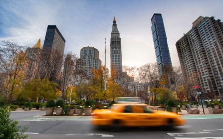 new york city yellow cab - street, motion, yellow, city, cab, skyscrapers