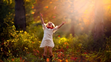 she really enjoys the fall - nature, autumn, trees, forest, girl, leaves, child