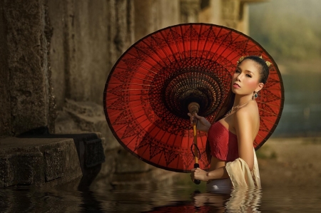 Asian Beauty - water, umbrella, woman, model