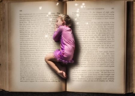 Little girl sleeping in book - sleeping, dream, fantasy, book, little girl