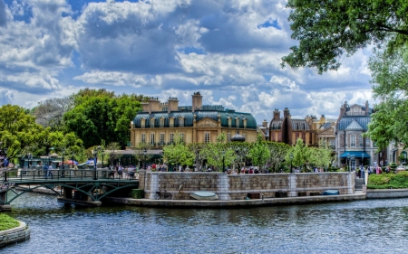 sunny summer day in a park hdr - summer, sky, lake, sunny, stores, bridge, park, hdr