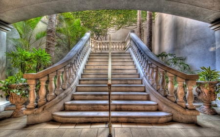 beautiful granite stairs hdr - marble, columns, rail, brass, trees, hdr, stairs