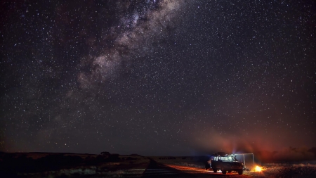 camping under a starry night - camping, car, road, night, stars