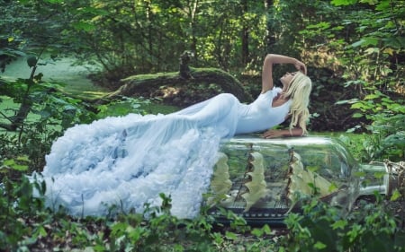 Hope - woman, tale, girl, creative, model, ship, situation, green, bottle, blonde, dress