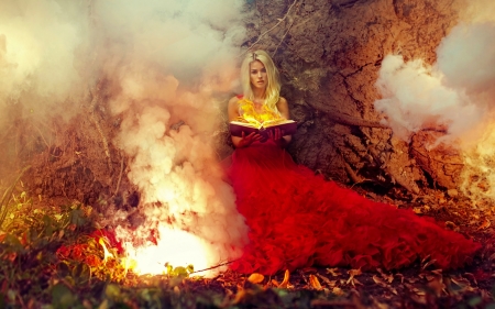 Witch - yellow, book, dress, blonde, forest, magical, creative, fire, red, halloween, woods, pot, girl, orange, fantays, tree, witch, woman, spell, model, situation, smoke