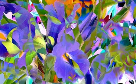 Irises - blue, flower, orange, pictura, purple, green, painting, iris, texture, art