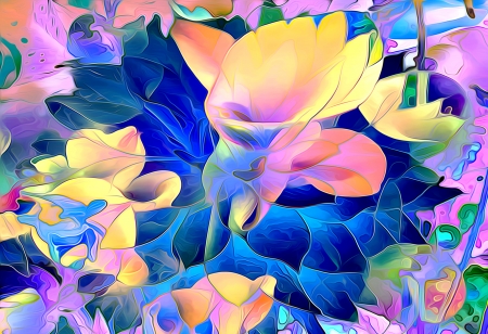 Flowers - flower, pictura, pink, yellow, texture, painting, blue, art