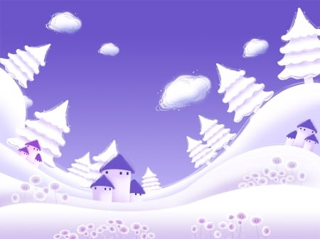 Winter - cloud, purple, winter, pink, blue, art, white, sky, fantasy, house, tree, snow