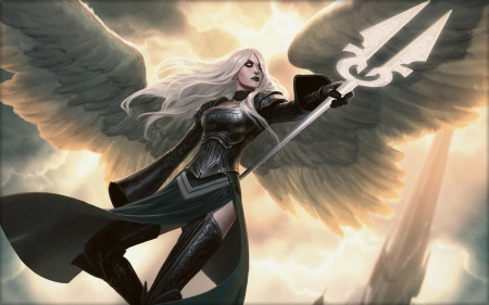 Angel of Hope - woman, magic the gathering, girl, wings, fantasy, black, angel of hope, white, avacyn, feather, jason chan