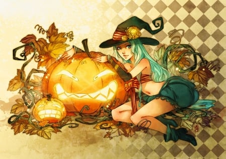 Halloween Greetings - leaves, jack o lantern, artwork, girl, pumpkin, season