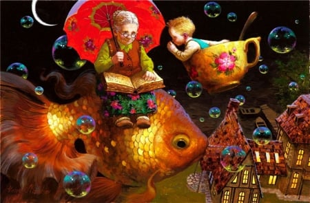 Wonderland - artwork, child, goldfish, bubbles, book, grandma, cup