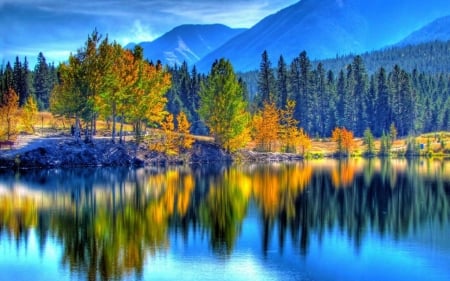 Mountains Reflection - lake, reflection, wood, autumn