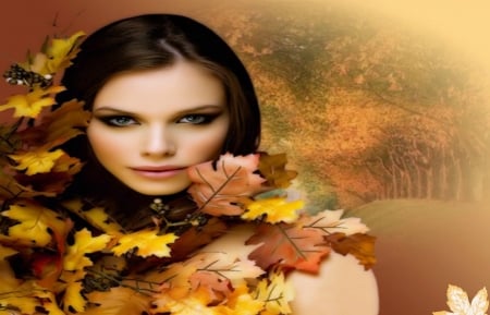 âœ¿*ï¾Ÿ - face, fall, girl, hair, leaves