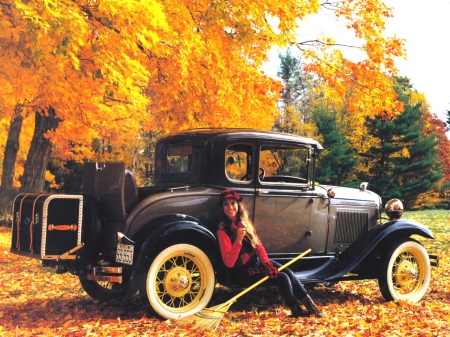 Ford Deluxe Coupe - autumn, ford deluxe coupe, girl, car